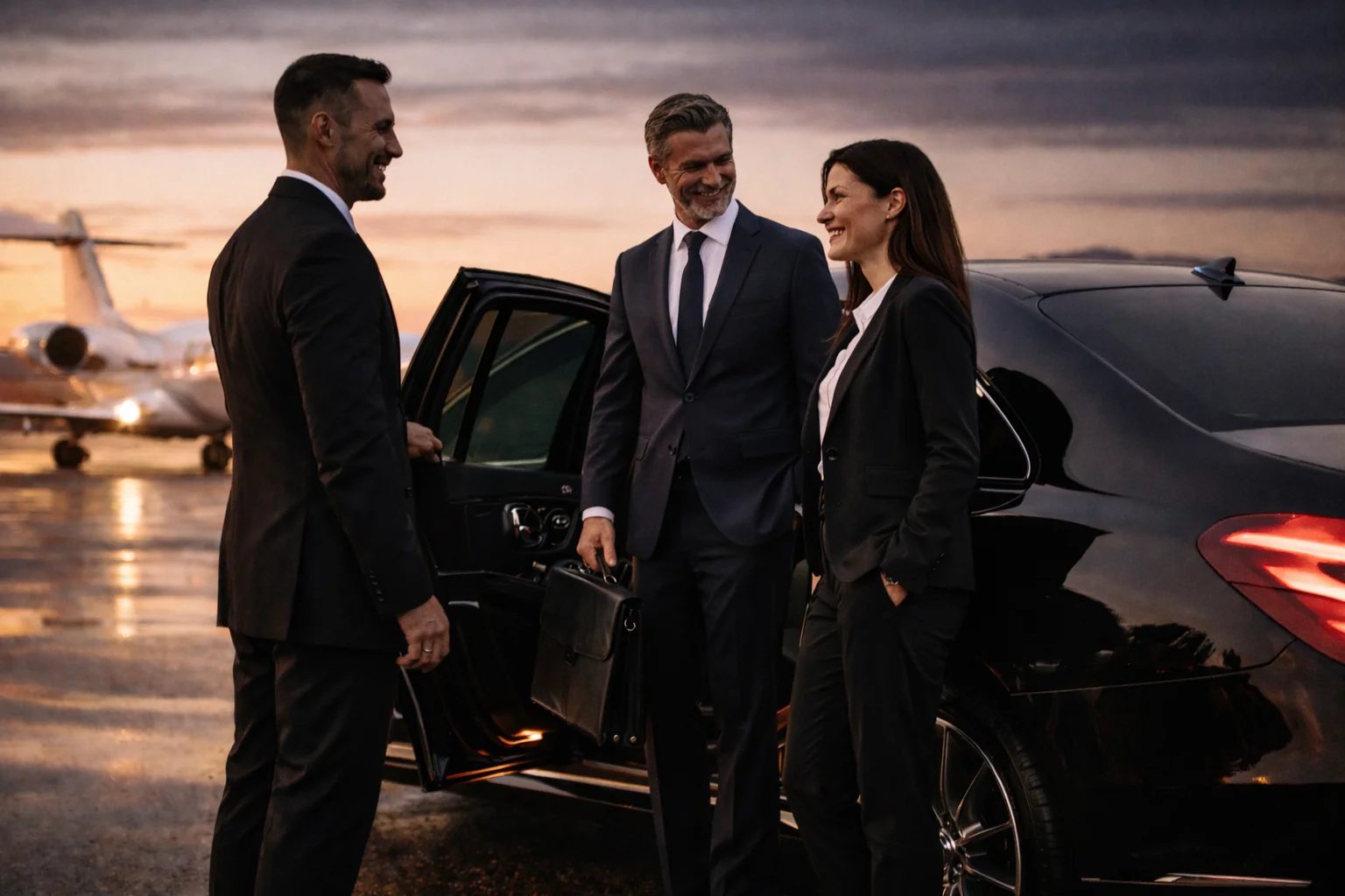 A chauffeur greeting executives beside a private jet at dusk