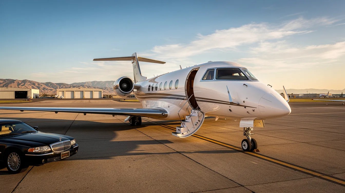 A private jet with its airstair down beside a waiting car on the tarmac at golden hour