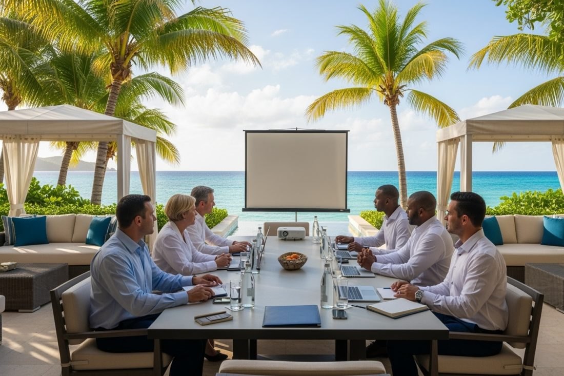 A leadership meeting set up in a beachfront pavilion